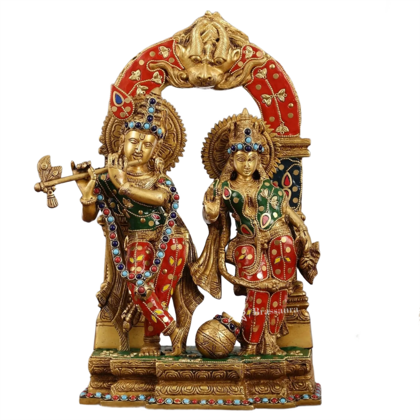 Brassaura™ Handcrafted Brass Radha Krishna Idol with Butter Pot & Yali Prabhavali – Height 14 Inches & Weight 7.5 Kgs | Devotional Statue