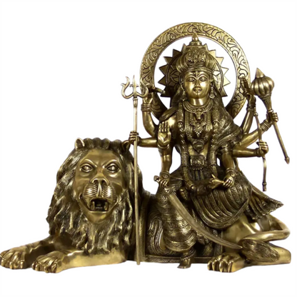 Brassaura® Maa Durga on Lion | Pure Brass with Dual Tone Finish | Height 16.5 Inches & Weight 18.50 kgs