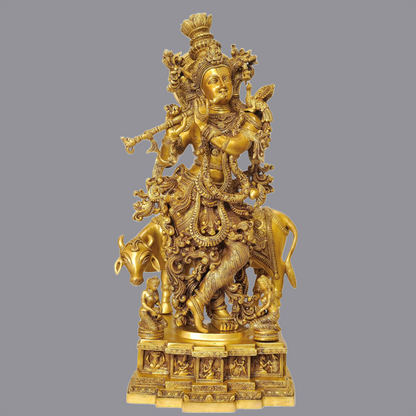 Brassaura® Brass Krishna with Nandi Statue | Height 27.95 Inches & Weight 34.40 kg