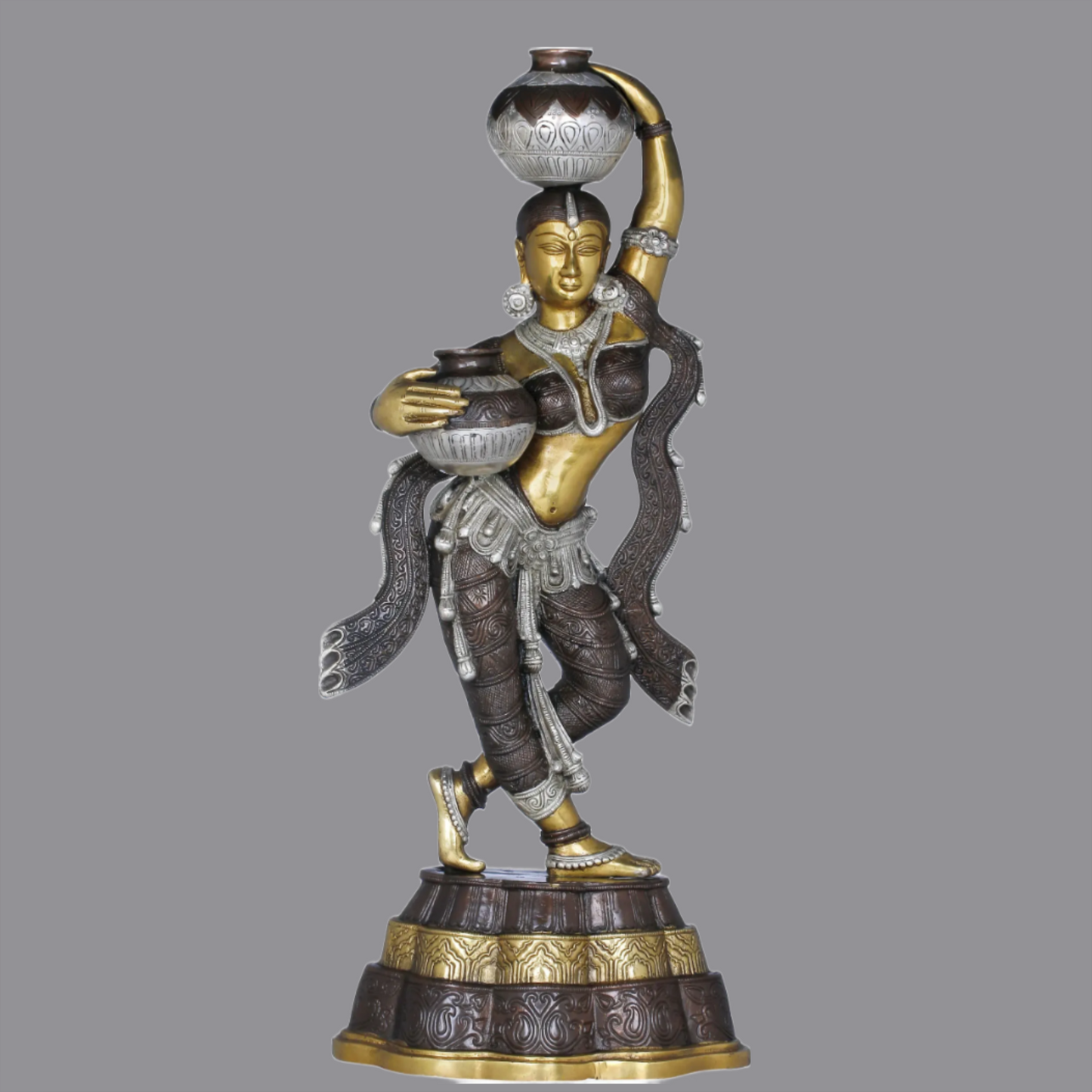 Brassaura® Brass Matka Lady Statue with Inlay Work | Height 26.97 Inches & Weight 13.30 kg
