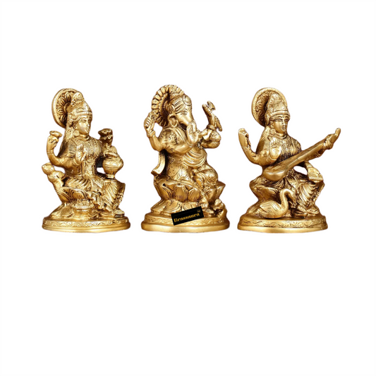 Brassaura® Brass Antique Laxmi Ganesha Saraswati Idol – Height 5 Inches | Puja Room Murti