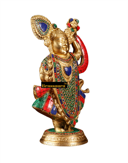 BrassAura™ Brass Lord Shrinath Ji Statue – Golden Finish with Pichwai Meenakari Work | Height 13 Inch | Weight 4.5 Kg
