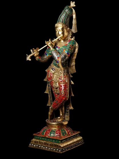 Brassaura® Brass Krishna Statue with Inlay Work | Height 91.5 cm & Weight 23.50 kg
