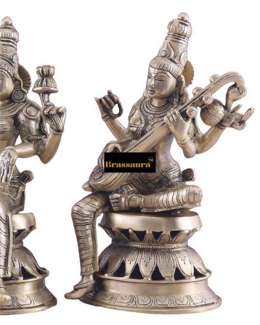Brassaura® Lakshmi Saraswati Idol | Pure Superfine Brass Handcrafted Murti | Brass Statue for Home Temple, Pooja Room | Height 12 Inches | Weight 9 Kgs