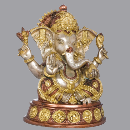 Brassaura® Ashirwad Ganesha Seated on Ashtaganesha Chowki in Brass | Height 11 Inches | Weight 6.50 kgs