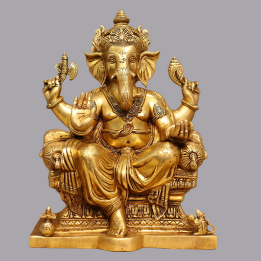 ब्रासौराम™ ब्रास में सिंहासन पर विराजमान विशाल भगवान गणेश | ऊंचाई 18 इंच और वज़न 19 किलोग्राम