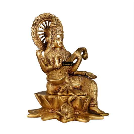 Brassaura™ Premium Brass Saraswati Idol – Height 11 Inches & Weight 6.5 Kgs | Devotional Statue