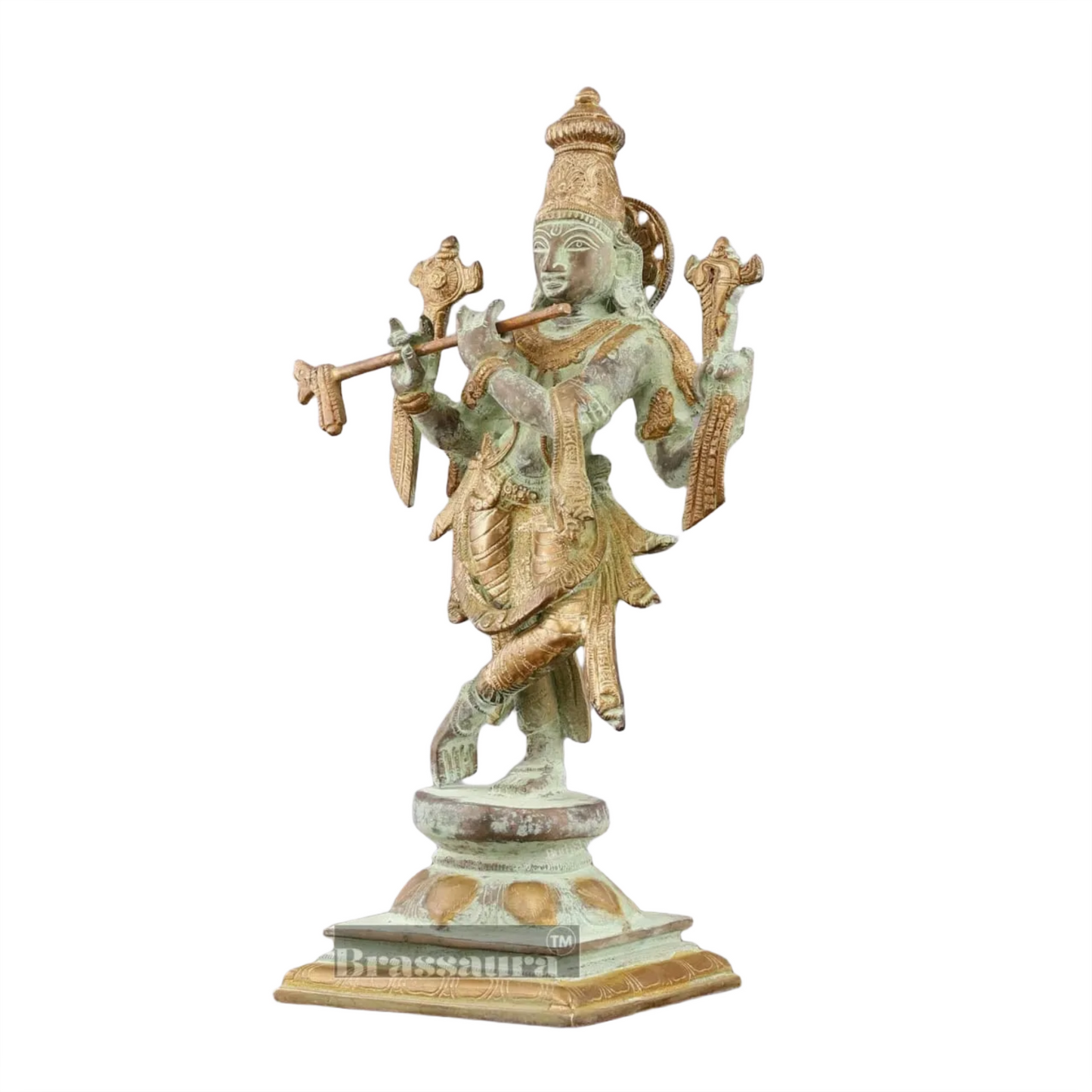 BrassAura™ Brass Krishna Roopam Vishnu Sculpture – Sand Blast Finish | Height 12 Inch | Weight 3.9 Kg