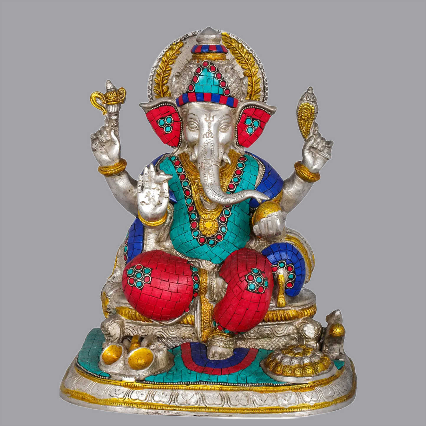 Brassaura® Puja Ganesha in Brass with Stone Inlay | Height 12 Inches | Weight 10.40 kgs