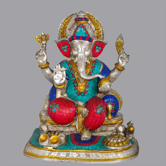 Brassaura® Puja Ganesha in Brass with Stone Inlay | Height 12 Inches | Weight 10.40 kgs