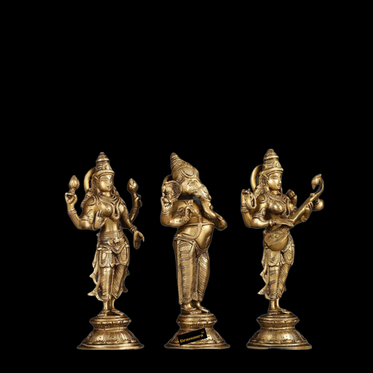 Brassaura® Brass Antique Laxmi Ganesha Saraswati Sculpture – Height 10 Inches | Sacred Décor