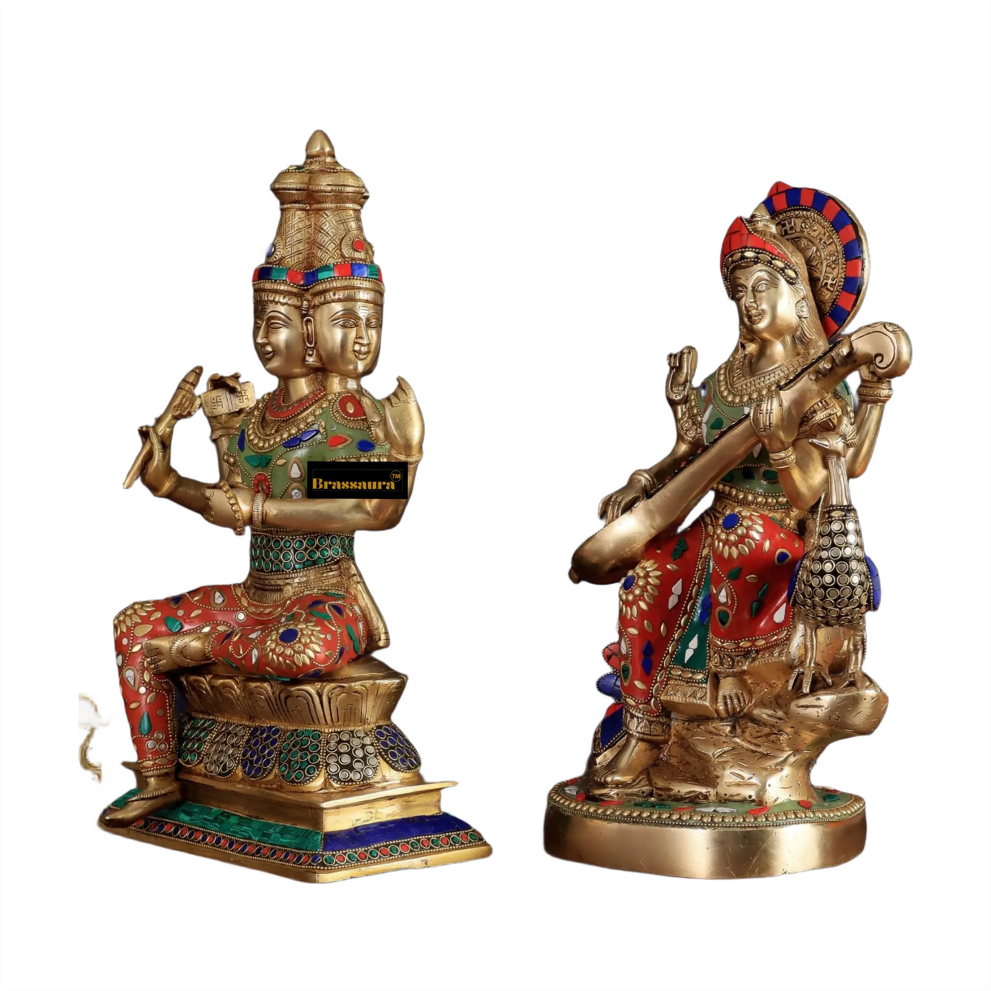 Brassaura™ Brass Gem Stone Work Saraswati & Lord Brahma For Puja Room Height 15 Inches & Weight 20 Kgs