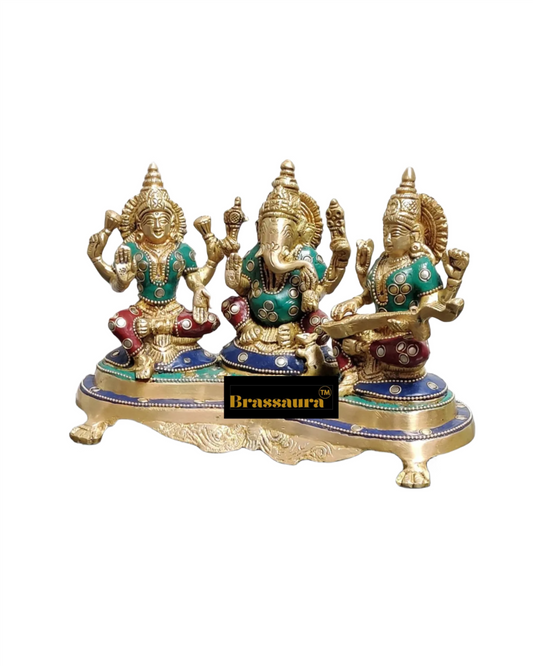 Brassaura® Lakshmi Ganesha Saraswati Idol with Intricate Gemstone Inlay | Pure Superfine Brass Handcrafted Murti | Brass Statue for Home Temple, Pooja Room | Height 6.5 Inches | Weight 3 Kgs