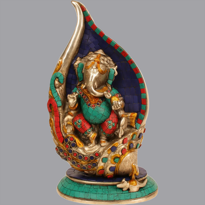 Brassaura™ Shankh Ganesha with Stone Inlay | Height 12 Inches & Weight 5.36 kgs