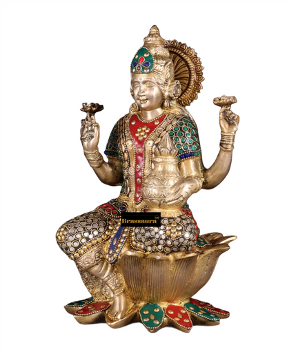 Brass Gem Stone Work Sitting Laxmi Mata for Home and Decor Height 12 Inches & Weight 5.5 Kgs