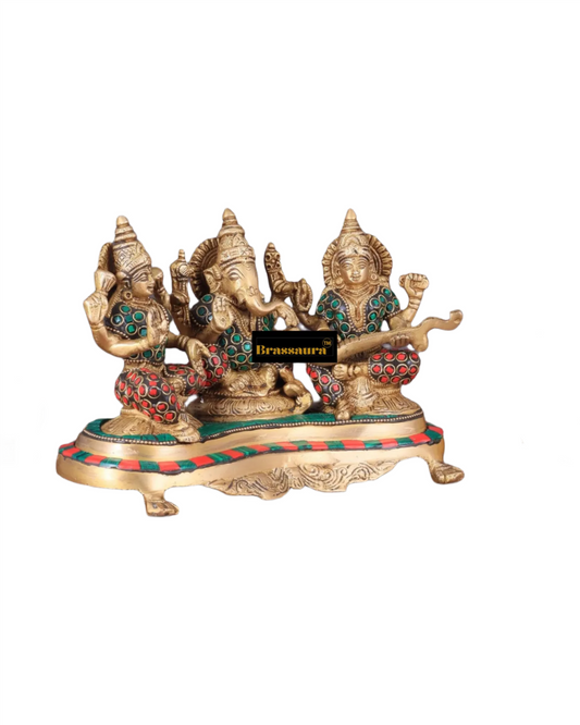 Brassaura® Brass Gem Stone Work Laxmi Ganesha Saraswati Murti – Height 6.2 Inches | Divine Trio Idol