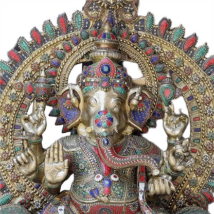 Handcrafted brass statue  Raja Ganapati, seated on a throne with umbrella 66 Inches