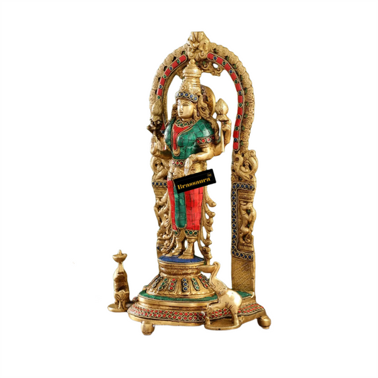Brassaura™ Elegant Brass Gem Stone Work Laxmi Idol – Height 10.5 Inches & Weight 6 Kgs | Home & Temple Décor