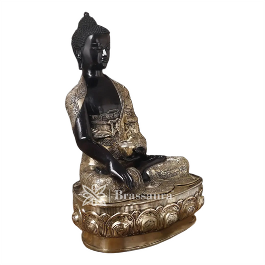 Brassaura® Buddha Sitting on Lotus Platform Black & Gold Finish | Pure Superfine Brass Handcrafted Murti | Brass Statue for Home Temple, Pooja Room | Height 33 Inches | Weight 53.020 Kgs