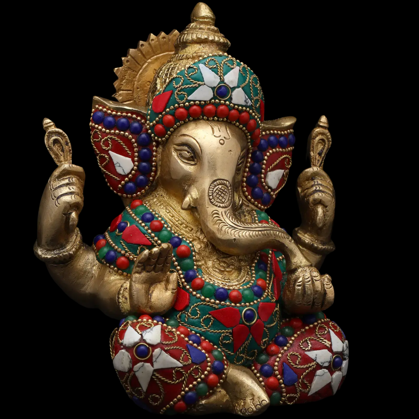 Brassaura™ Brass Ganesha Statue with Inlay Work | Height 6 Inches & Weight 1.63 kgs