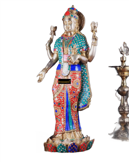 Brass Gem Stone Work Laxmi Mata for Home and Decor Height 25 Inches & Weight 17 Kgs