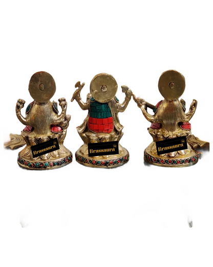 Brass Gem Stone Work Laxmi Ganesha Saraswati Murti for Home and Decor Height 5 Inches & Weight 3 Kgs