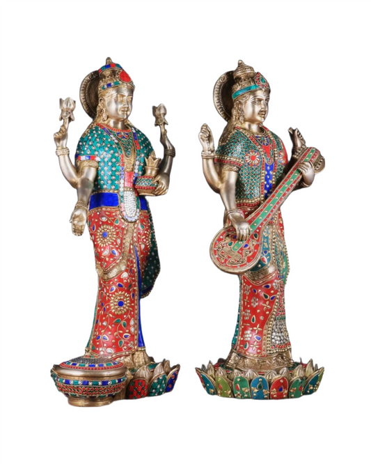 Brassaura® Brass Gem Stone Work Goddess Laxmi Murti – Height 25 Inches | Home & Temple Idol