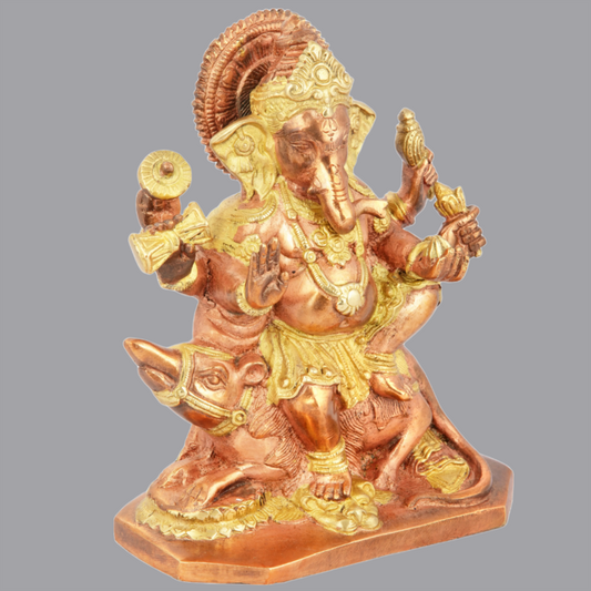 Brassaura® Six-Armed Ganesha Idol Seated on Mushak Raj Base in Brass | Height 8 Inches | Weight 2.60 kgs