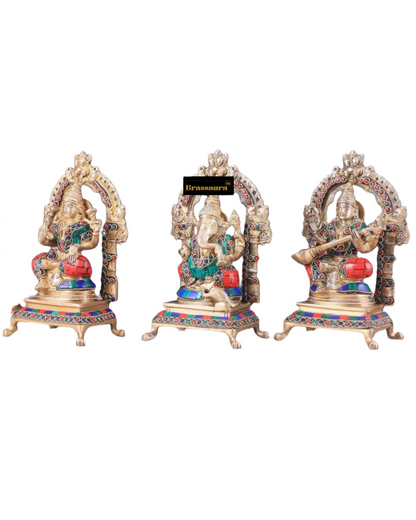Brass Gem Stone Work Laxmi Ganesha Saraswati Murti for Home and Decor Height 8 Inches & Weight 6 Kgs