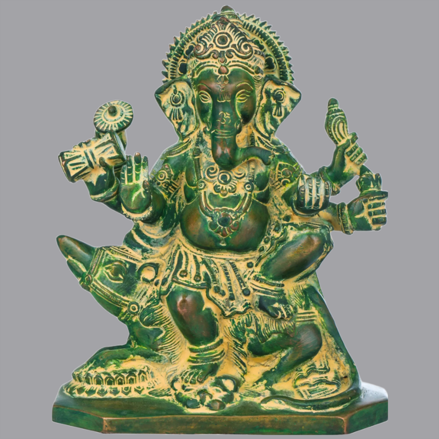 Brassaura® Six-Armed Ganesha Idol Seated on Mushak Raj Base in Brass | Height 8 Inches | Weight 2.60 kgs