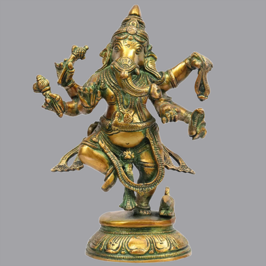 Brassaura™ Dancing Ganesha in Green & Gold Finish | Intricately Detailed Brass Statue | Height 9 Inches & Weight 2.40 kgs