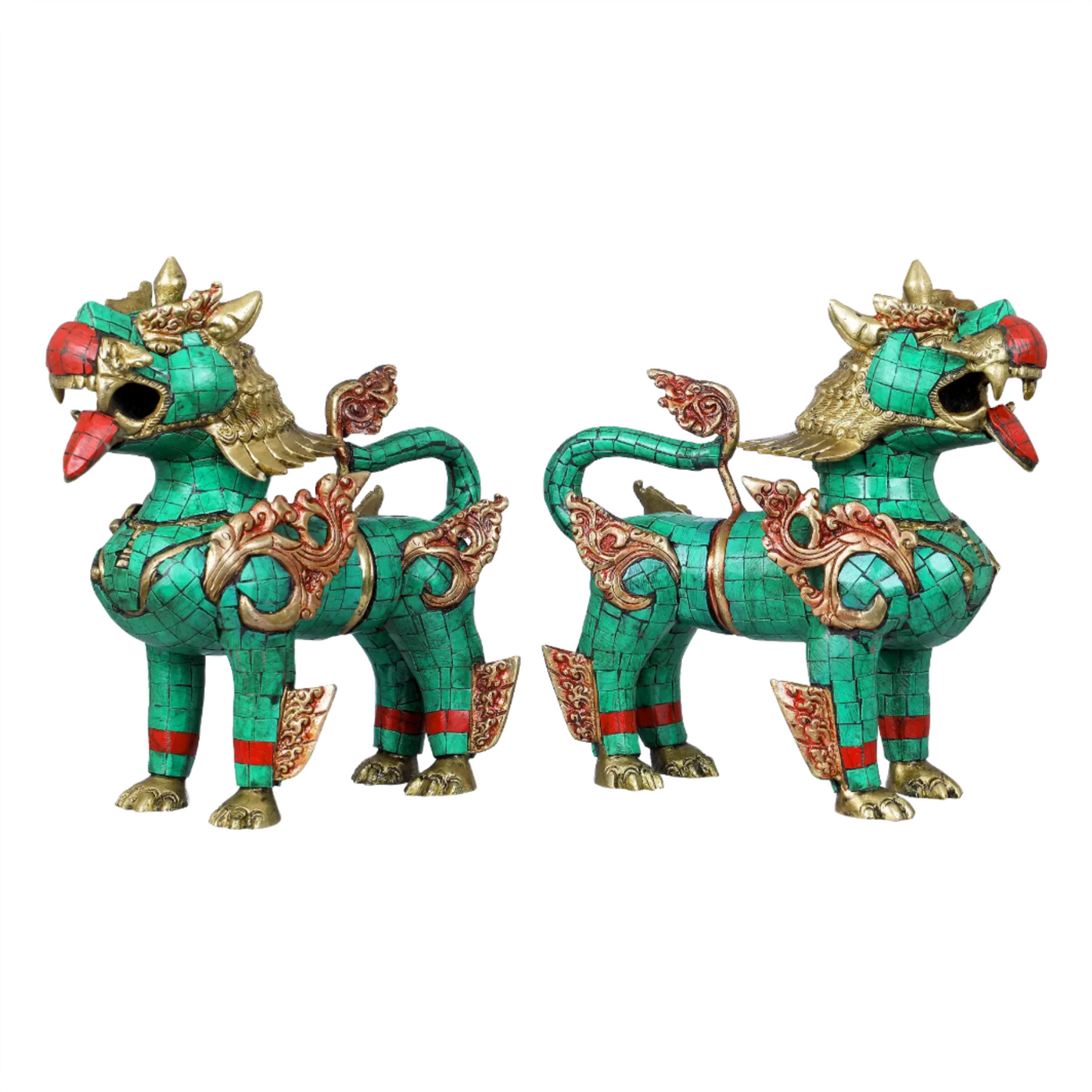 Brassaura® Pair of Tibetan Guardian Lions with Inlay Work | Pure Brass | Height 9 Inches & Weight 6.70 kgs