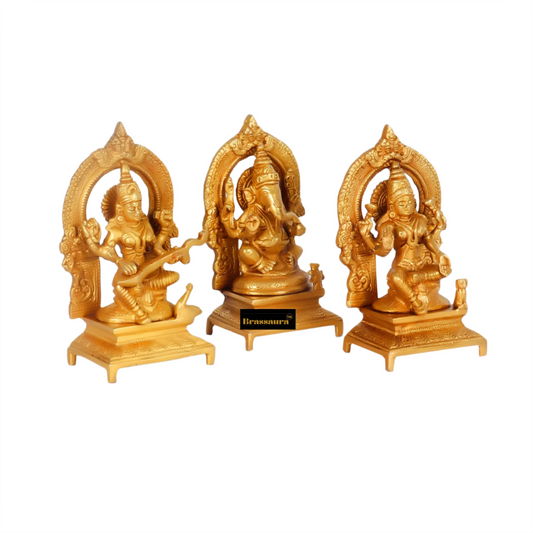 Brassaura® Antique Lakshmi Ganesha Saraswati Murti Set | Pure Superfine Brass Handcrafted Murti | Brass Statue for Home Temple, Pooja Room | Height 7 Inches | Weight 4.5 Kgs