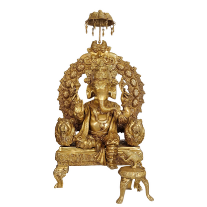 Brassaura™ Royal Throne Seated Ganesha with Ornate Arch & Chatra | Brass Sculpture | Height 34 Inches & Weight 37 kgs