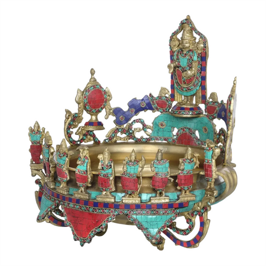 Brassaura® Balaji Brass Urli with Multicolor Inlay Work | Pure Brass | Height 17 Inches & Weight 14 kgs