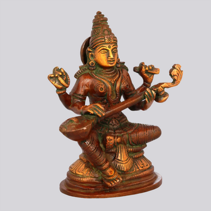Brassaura® Brass Saraswati Statue | Height 5.12 Inches & Weight 0.88 kg