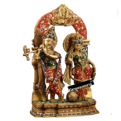 Brassaura™ Handcrafted Brass Radha Krishna Idol with Butter Pot & Yali Prabhavali – Height 14 Inches & Weight 7.5 Kgs | Devotional Statue
