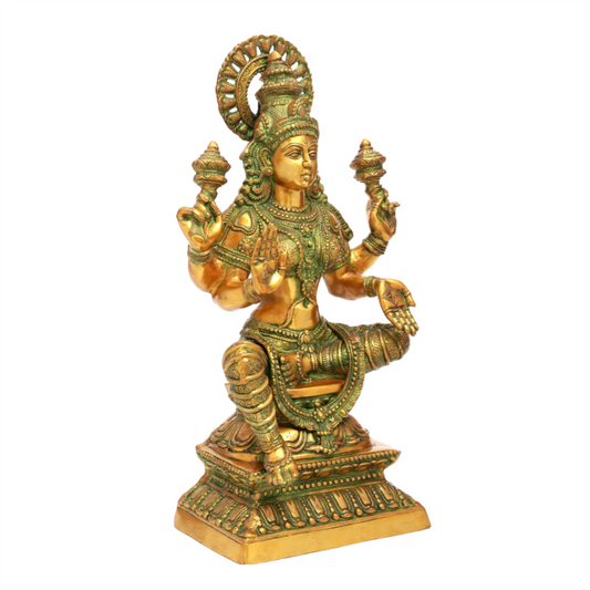 Brassaura® Goddess Lakshmi Seated on Lotus | Antique Green Finish | Height 31 Inches & Weight 30 kgs