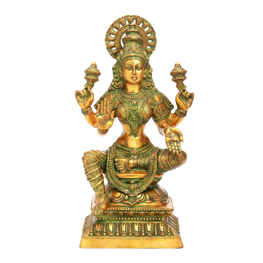 Brassaura® Goddess Lakshmi Seated on Lotus | Antique Green Finish | Height 31 Inches & Weight 30 kgs