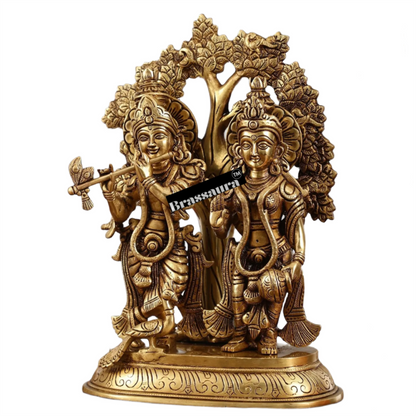 Brassaura™ Superfine Brass Radha Krishna Idols with Kalpavriksha & Peacock – Height 14 Inches & Weight 7.59 Kgs | Devotional Pair
