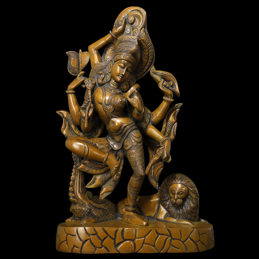 Brassaura® Dancing Goddess Durga on Lion | Brass Statue | Height 42.5 Inches & Weight 9 kgs