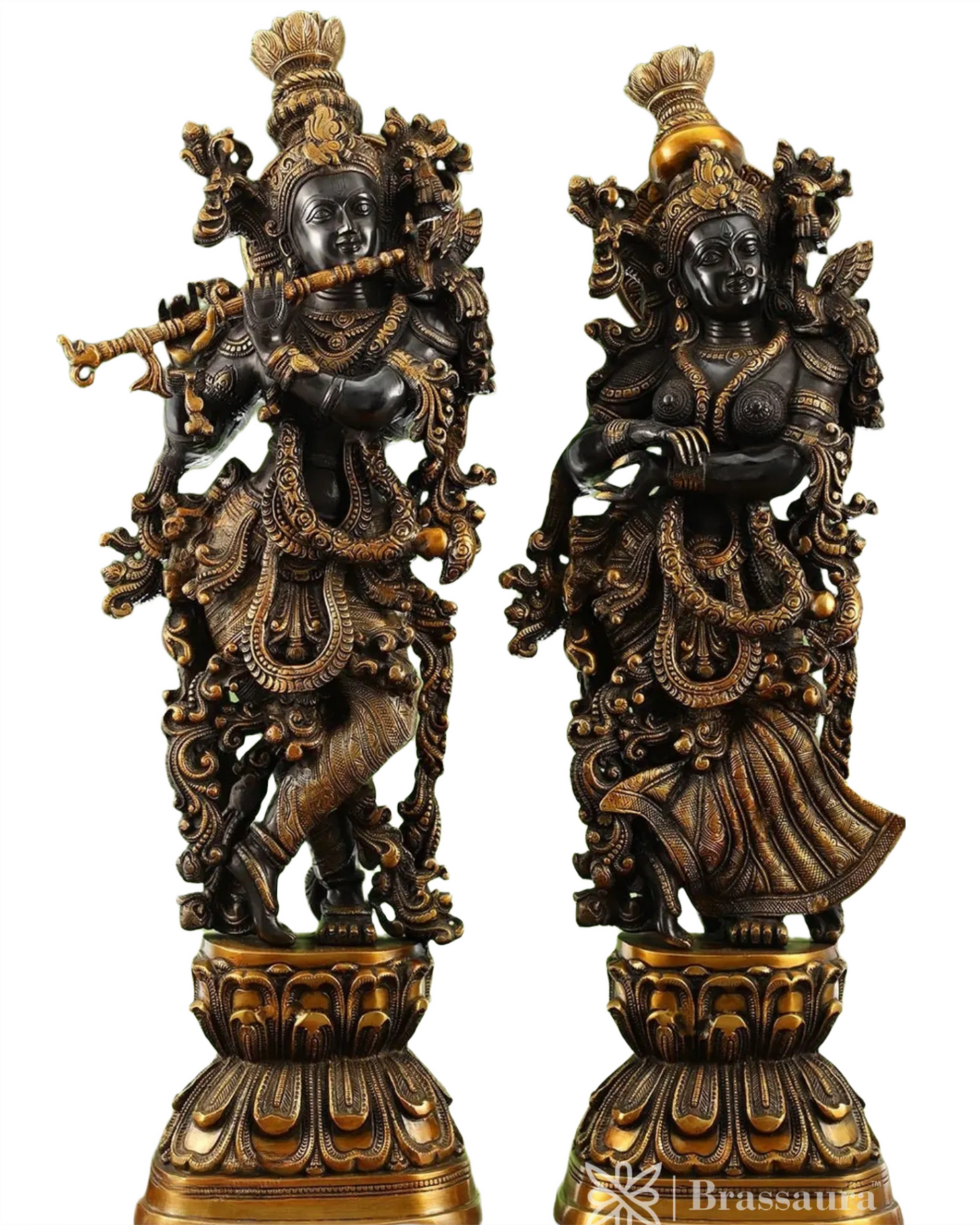 Brassaura™ Handmade Brass Radha Krishna Idol Pair with Black & Golden Finish – Height 29 Inches & Weight 32 Kgs | Devotional Statue
