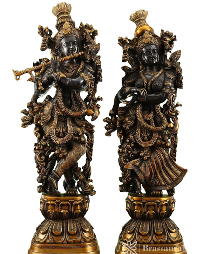 Brassaura™ Handmade Brass Radha Krishna Idol Pair with Black & Golden Finish – Height 29 Inches & Weight 32 Kgs | Devotional Statue