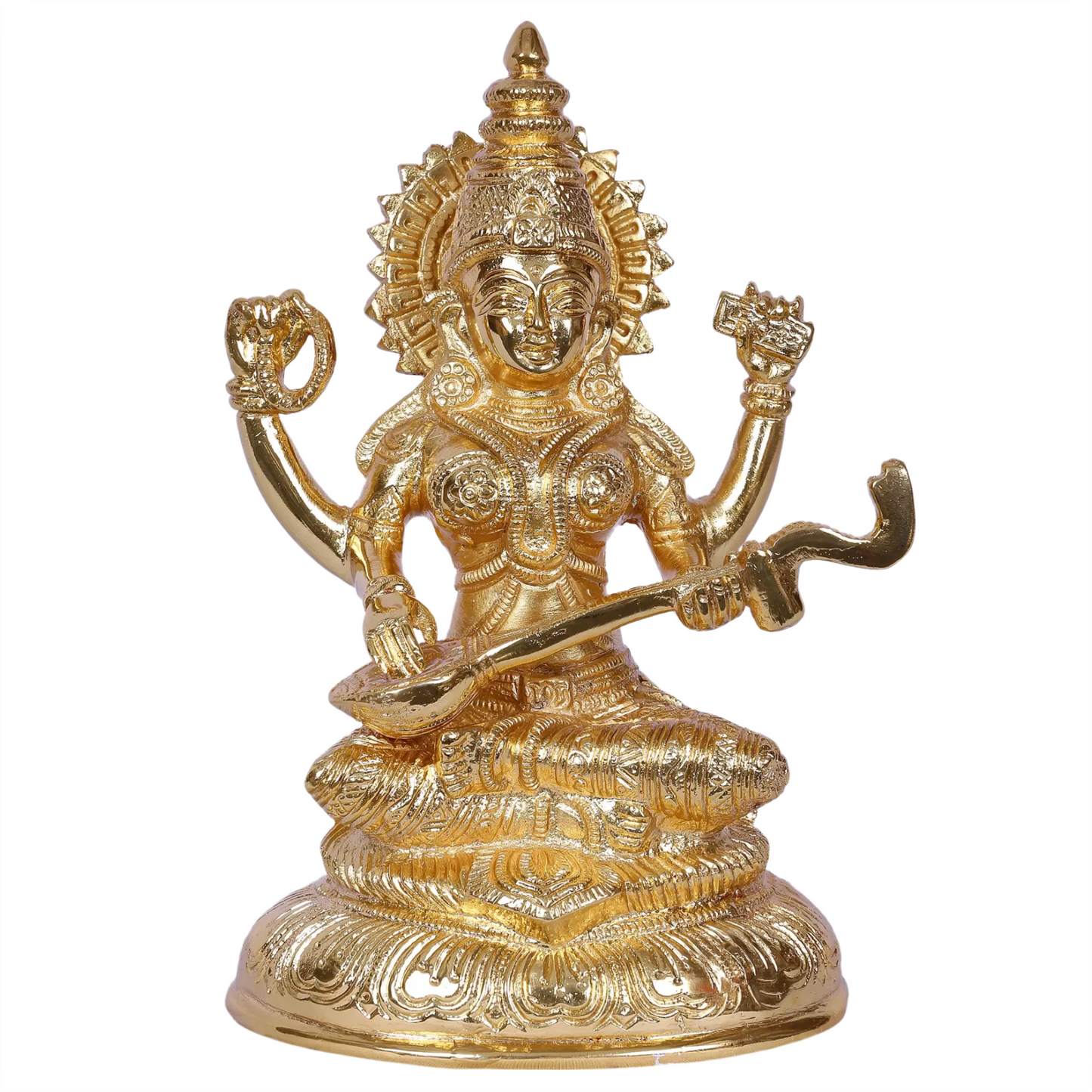 Brassaura® Gold Plated Goddess Saraswati Idol | Intricately Detailed Brass Sculpture | Height 7.5 Inches & Weight 1.85 kgs