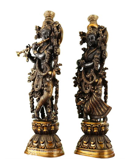 Brassaura™ Handmade Brass Radha Krishna Idol Pair with Black & Golden Finish – Height 29 Inches & Weight 32 Kgs | Devotional Statue