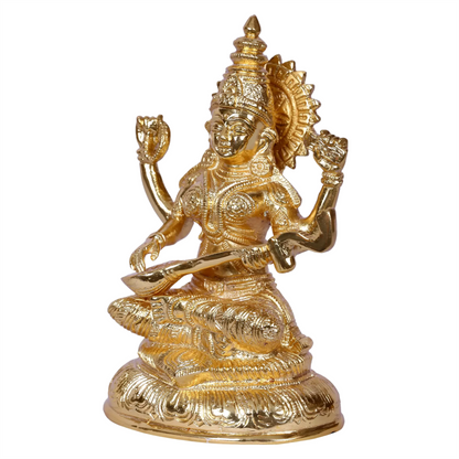 Brassaura® Gold Plated Goddess Saraswati Idol | Intricately Detailed Brass Sculpture | Height 7.5 Inches & Weight 1.85 kgs
