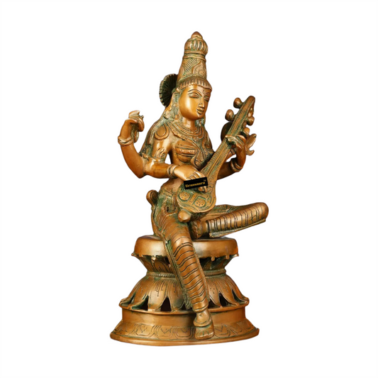 Brassaura™ Sacred Brass Saraswati Murti – Height 12 Inches & Weight 4 Kgs | Temple Décor Accent