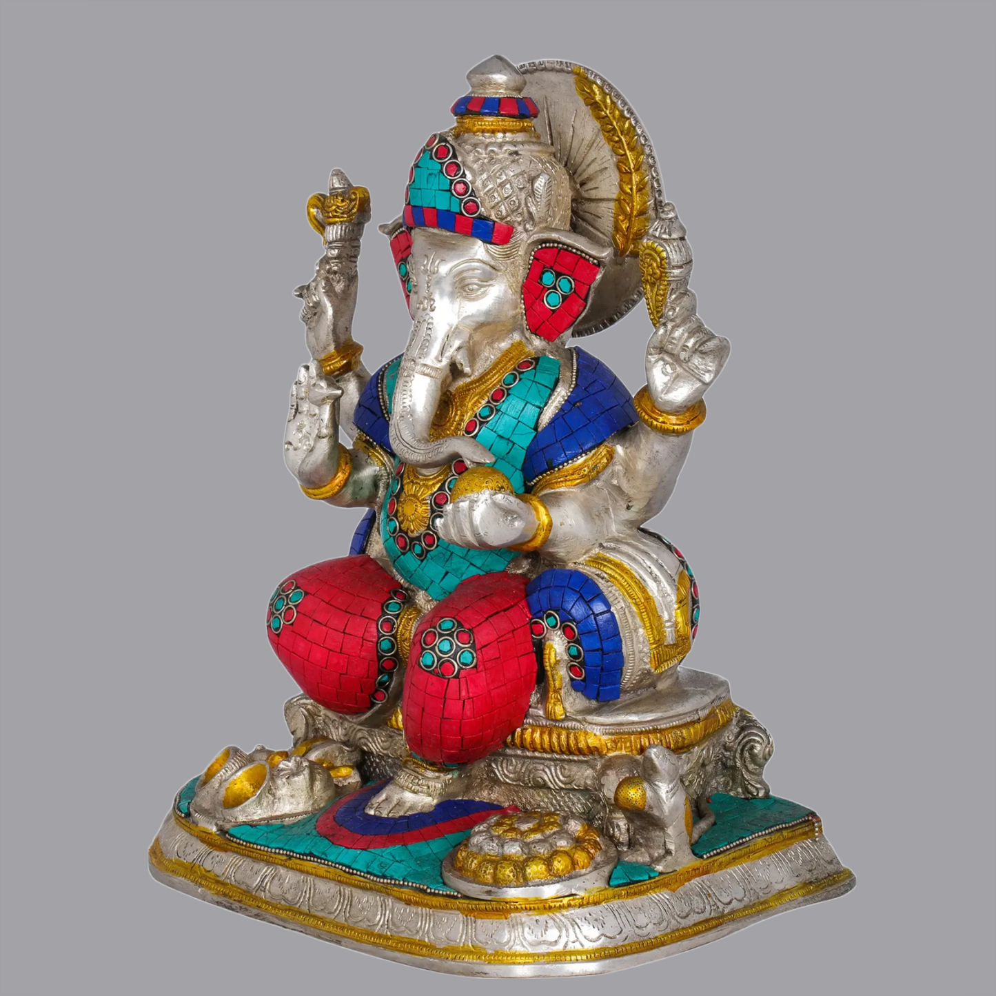 Brassaura® Puja Ganesha in Brass with Stone Inlay | Height 12 Inches | Weight 10.40 kgs