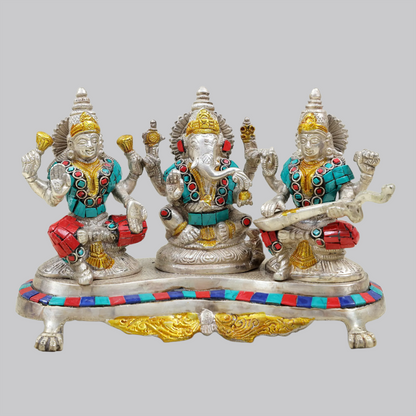 Brassaura™ Brass Laxmi Ganesh Saraswati Idol Set with Inlay Work for Diwali & Pooja Decor | 6 Inches | 3.10 kgs