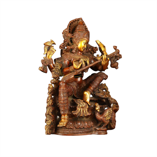 Brassaura™ Elegant Brass Saraswati Statue – Height 16 Inches & Weight 18 Kgs | Hindu Puja Décor